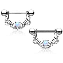 Pair of Opal Centered Filigree Drop Nipple Rings Barbell Barbells 316L Stainless Steel 14G - Sold as a Pair