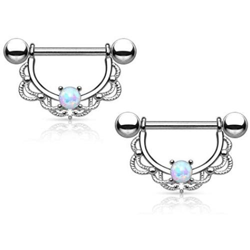 Pair of Opal Centered Filigree Drop Nipple Rings Barbell Barbells 316L Stainless Steel 14G - Sold as a Pair