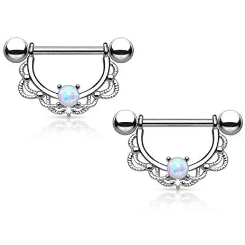 Pair of Opal Centered Filigree Drop Nipple Rings Barbell Barbells 316L Stainless Steel 14G - Sold as a Pair