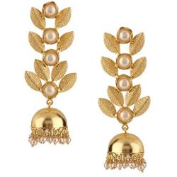 Efulgenz Indian Bollywood 14K Gold Plated Crystal Kundan Pearl Leaf Style Jhumka Jhumki Earrings Jewelry Set
