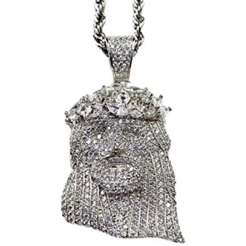 Shop-iGold Custom Jesus Men Women 925 Italy White Gold Finish Iced Silver Charm Ice Out Pendant Stainless Steel Real 3 mm Rope Chain, Mans Jewelry, Iced Pendant, Rope Necklace 16''- 24''