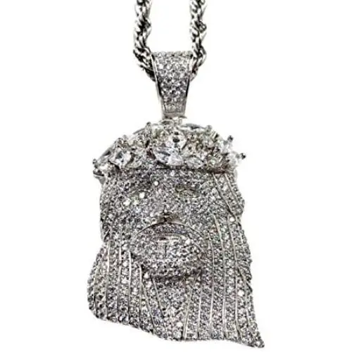 Shop-iGold Custom Jesus Men Women 925 Italy White Gold Finish Iced Silver Charm Ice Out Pendant Stainless Steel Real 3 mm Rope Chain, Mans Jewelry, Iced Pendant, Rope Necklace 16''- 24''