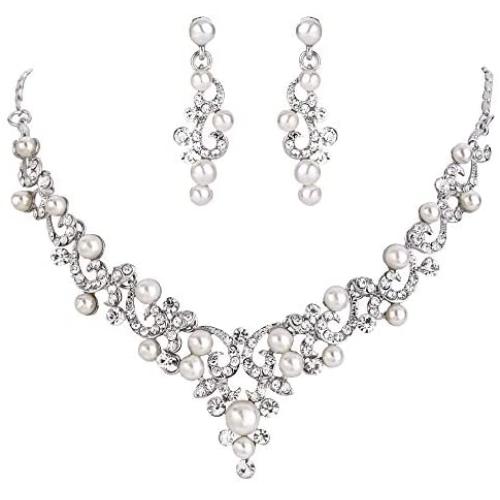 BriLove Womens Wedding Bridal Crystal Simulated Pearl Filigree Vine Y-Necklace Dangle Earrings Set