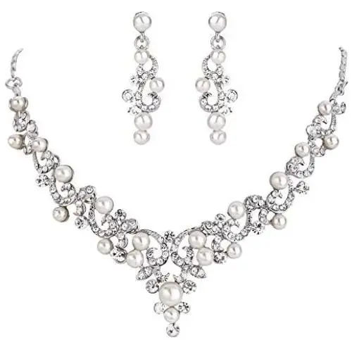 BriLove Womens Wedding Bridal Crystal Simulated Pearl Filigree Vine Y-Necklace Dangle Earrings Set BriLove Womens Wedding Bridal Crystal Simulated Pearl Filigree Vine Y-Necklace Dangle Earrings Set