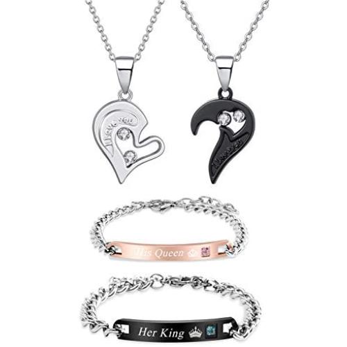 Highven Couple Necklace Bracelet Set I Love Necklace Love Heart Crown Necklace BFF Bracelet Couple Gift