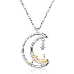 Jingran Two-Tone Cute Cat on the Moon And Star Pendant Necklace for Women Gift Girl