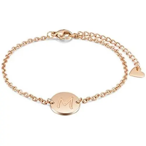 THREE KEYS JEWELRY Rose Gold Initial Bracelet for Girls Gifts Stainless Steel Dainty Coin Name Initial Charm Bracelet Alphabet Letter Pendant Initial Bracelets for Women with Initial