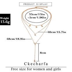 Ckecharfa Boho Layered Y-Necklace Gold Star Choker Necklaces Crystal Pendant Long Chain Summer Beach Neck Chains Adjustable Jewelry for Women and Girls
