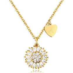 KissYan Sunflower Necklace for Women Girls, 18K Gold Plated Initial Pendant You My Sunshine Letter Dainty Circle Charm Necklace with 3A CZ Jewelry Gift for Valentines Mother Day (26 Alphabet A - Z)