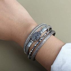 FANCY SHINY Leather Wrap Bracelet Boho Cuff Bracelets Crystal Bead Bracelet with Magnetic Clasp Jewelry Gifts for Women Teen Girls