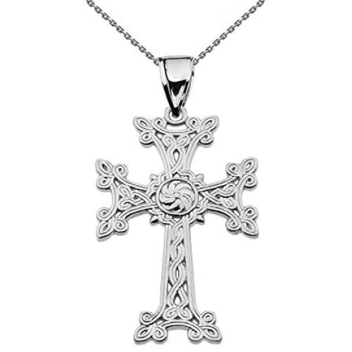 Middle Eastern Jewelry Sterling Silver Eternity Khachkar Armenian Cross Pendant Necklace (Small)