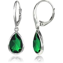 Sterling Silver Simulated Gemstone Teardrop Dainty Leverback Dangle Earrings