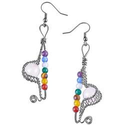 Nupuyai 7 Chakra Stone Bead Earrings for Women, Reiki Healing Crystal Dangle Hook Earrings Wire Wrapped Jewelry