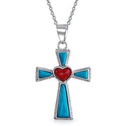 Southwestern Style Semi Precious Gemstones Red Heart Cross Pendant Religious 925 Sterling Silver Necklace For Women Teen