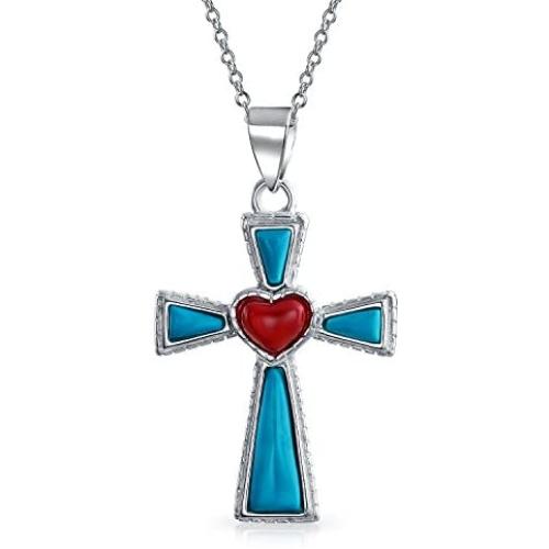 Southwestern Style Semi Precious Gemstones Red Heart Cross Pendant Religious 925 Sterling Silver Necklace For Women Teen