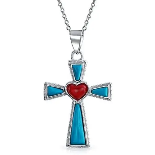 Southwestern Style Semi Precious Gemstones Red Heart Cross Pendant Religious 925 Sterling Silver Necklace For Women Teen