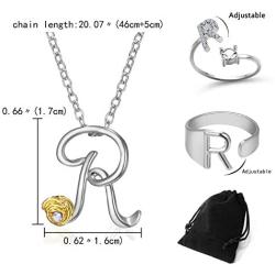 Harlermoon Initial Necklace Finger Rings Set A-Z 26 Letter Alphabet Necklace with Flower Crystal Initial Open Statement Rings Jewelry