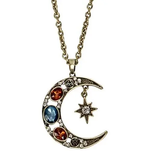 SPUNKYsoul Boho Antique Gold or Silver Tribal Crescent Moon Faceted Crystal Long Necklace for Women