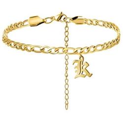 MEMGIFT 18K Gold Dainty Old English Initial Letter Anklets Bracelet for Women Cute Delicate Handmade Stainless Steel Simple Personalized 26 Alphabets Beach Jewelry Gifts for Birthday