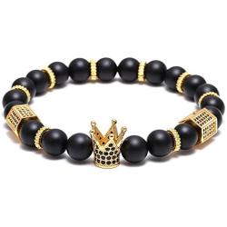 SEVENSTONE 8mm Crown King Charm Bracelet for Men Women Black Matte Onyx Stone Beads, 7.5''