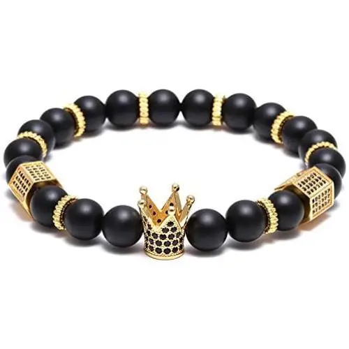 SEVENSTONE 8mm Crown King Charm Bracelet for Men Women Black Matte Onyx Stone Beads, 7.5''