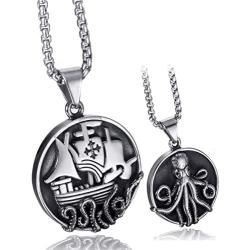 Elfasio Viking Pendant Necklace for Men Pirate Drakkar Ship Norse Sea Monster Octopus Tentacle Stainless Steel Both Sided Chain Vintage Jewelry