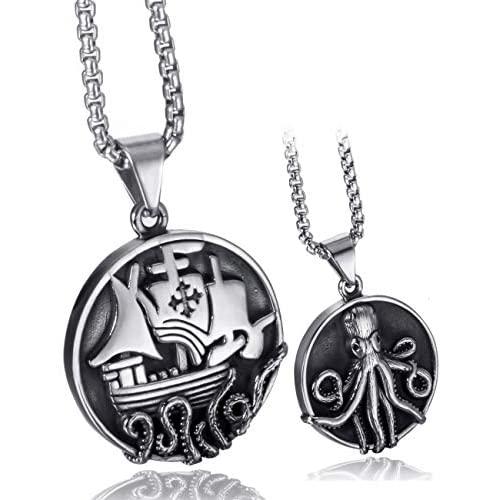 Elfasio Viking Pendant Necklace for Men Pirate Drakkar Ship Norse Sea Monster Octopus Tentacle Stainless Steel Both Sided Chain Vintage Jewelry