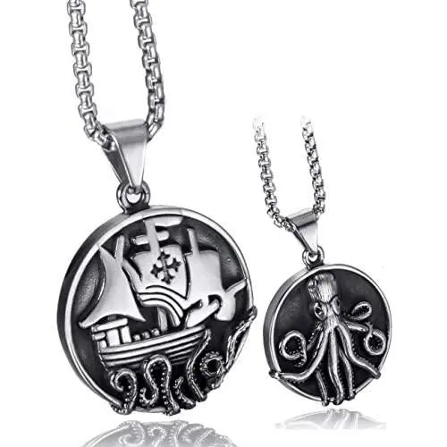 Elfasio Viking Pendant Necklace for Men Pirate Drakkar Ship Norse Sea Monster Octopus Tentacle Stainless Steel Both Sided Chain Vintage Jewelry Elfasio Viking Pendant Necklace for Men Pirate Drakkar Ship Norse Sea Monster Octopus Tentacle Stainless Steel Both Sided Chain Vintage Jewelry