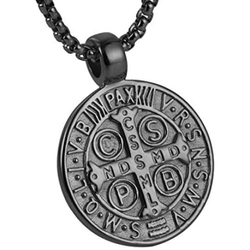 AsAlways Mens St Benedict Exorcism Pendant Necklace Stainless Steel Catholic Roman Cross Demon Protection Ghost Hunter(CSPB)22 + 2 inch chain