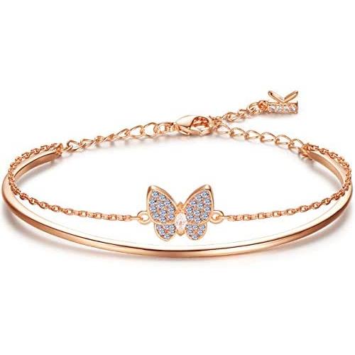 KIMILILY Butterfly Charm Birthstone Bracelets for Women,Gifts for Women Girl,Rose Gold Jewelry Crystals from Swarovski with Fine Jewelry Box