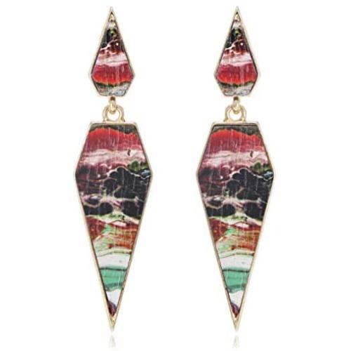 Bohemian Wood And Marble Effect Pentagon Shaped Drop Statement Earrings