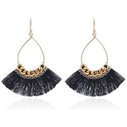 Small Tear Drop Dangle with Chain & Crystal Trimmings, Fan Shape Tassel Statement Earrings
