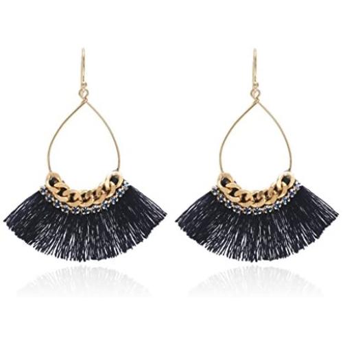 Small Tear Drop Dangle with Chain & Crystal Trimmings, Fan Shape Tassel Statement Earrings