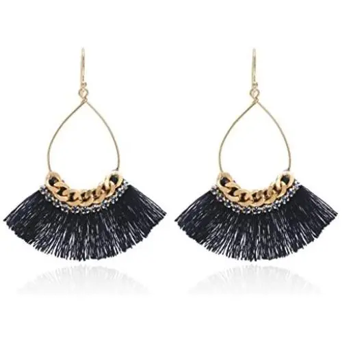 Small Tear Drop Dangle with Chain & Crystal Trimmings, Fan Shape Tassel Statement Earrings Small Tear Drop Dangle with Chain & Crystal Trimmings, Fan Shape Tassel Statement Earrings