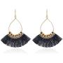 Small Tear Drop Dangle with Chain & Crystal Trimmings, Fan Shape Tassel Statement Earrings