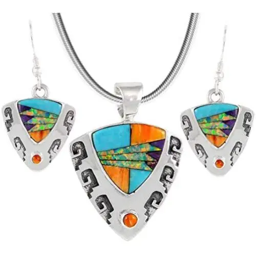 925 Sterling Silver Matching Pendant & Earrings Set with Genuine Gemstones 20'' Necklace