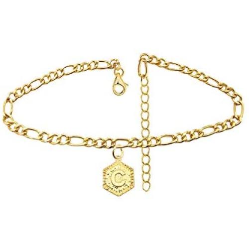 FUTIMELY 18K Gold Plated Initial Anklet for Women Girls Men,Cute Summer Sandy Beach Anklet Bracelet,Figaro Chain Frosted Coin Disk Pendant Foot Jewelry