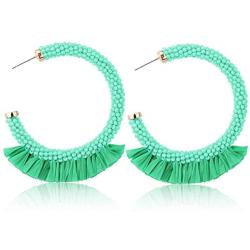 Sllaiss Summer Beaded Raffia Statement Earrings for Women Fashion Jewelry Handmade Bohemian Drop Dangle Earrings Big Circle Hoop Colorful