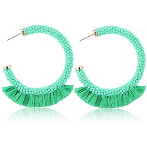 Sllaiss Summer Beaded Raffia Statement Earrings for Women Fashion Jewelry Handmade Bohemian Drop Dangle Earrings Big Circle Hoop Colorful