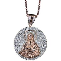KOSMOLING Sparking Iced Out Hip Hop Jewelry Rose Gold Silver 3 Colors Virgin Mary Pendant Necklace for Men and Women, Micro Pave AAA Cubic Zirconia, 24inch Box Chain