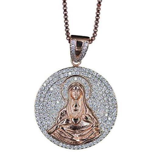 KOSMOLING Sparking Iced Out Hip Hop Jewelry Rose Gold Silver 3 Colors Virgin Mary Pendant Necklace for Men and Women, Micro Pave AAA Cubic Zirconia, 24inch Box Chain