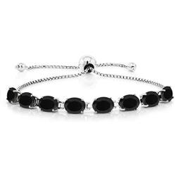 Gem Stone King 925 Sterling Silver Oval Black Onyx Adjustable Tennis Bracelet 10.00 Ctw Gemstone Birthstone