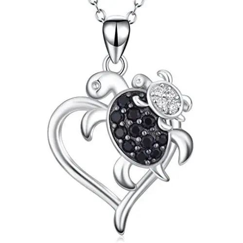 POPLYKE Turtle Necklace Sterling Silver Mother and Daughter Son Sea Turtle Heart Pendant Necklace for Women Girls Child for Grandmother Mom