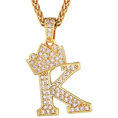 Richsteel A-Z Crown Initial Necklace for Men Women 18K Gold Plated Shiny Cubic Zirconia Monogram Pendant with 22 Chain+2 (Extended) Custom 1-6 Letters Name Jewelry(with Gift Box)