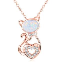 TRISHULA Rose Gold Cat Necklace,925 Sterling Silver Opal Cat Pendant Necklace Mothers Day Jewelry Gift for Women Girls (Gift Box Included)