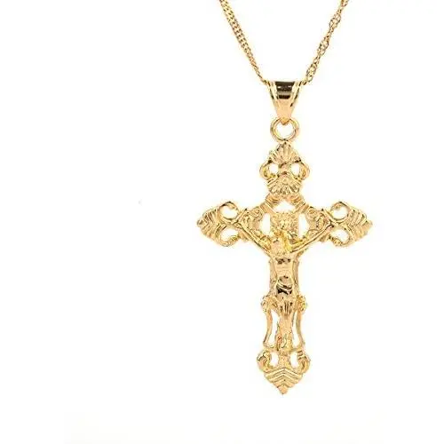 24K Gold Plated Catholic Cross Jesus Christ Cross Pendant Necklace Jewelry for Women