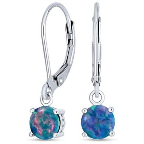 Round Solitaire Created Opal Leverback Drop Earrings For Women 925 Sterling Silver 8MM October Birthstone More Colors