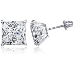 TIONEER 14K Solid Gold or Sterling Silver Stud Earrings for Women and Men Cubic Zirconia Round Cut & Princess Cut (3mm - 9mm)