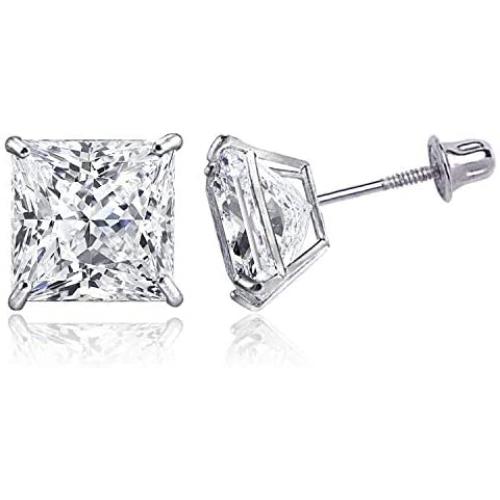 TIONEER 14K Solid Gold or Sterling Silver Stud Earrings for Women and Men Cubic Zirconia Round Cut & Princess Cut (3mm - 9mm)