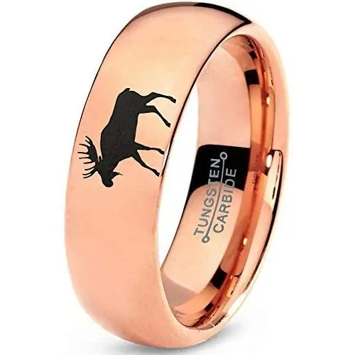 Elk Moose Walking Ring - Tungsten Band 8mm - Men - Women - 18k Rose Gold Step Bevel Edge - Yellow - Grey - Blue - Black - Brushed - Polished - Wedding - Gift Dome Flat Elk Moose Walking Ring - Tungsten Band 8mm - Men - Women - 18k Rose Gold Step Bevel Edge - Yellow - Grey - Blue - Black - Brushed - Polished - Wedding - Gift Dome Flat